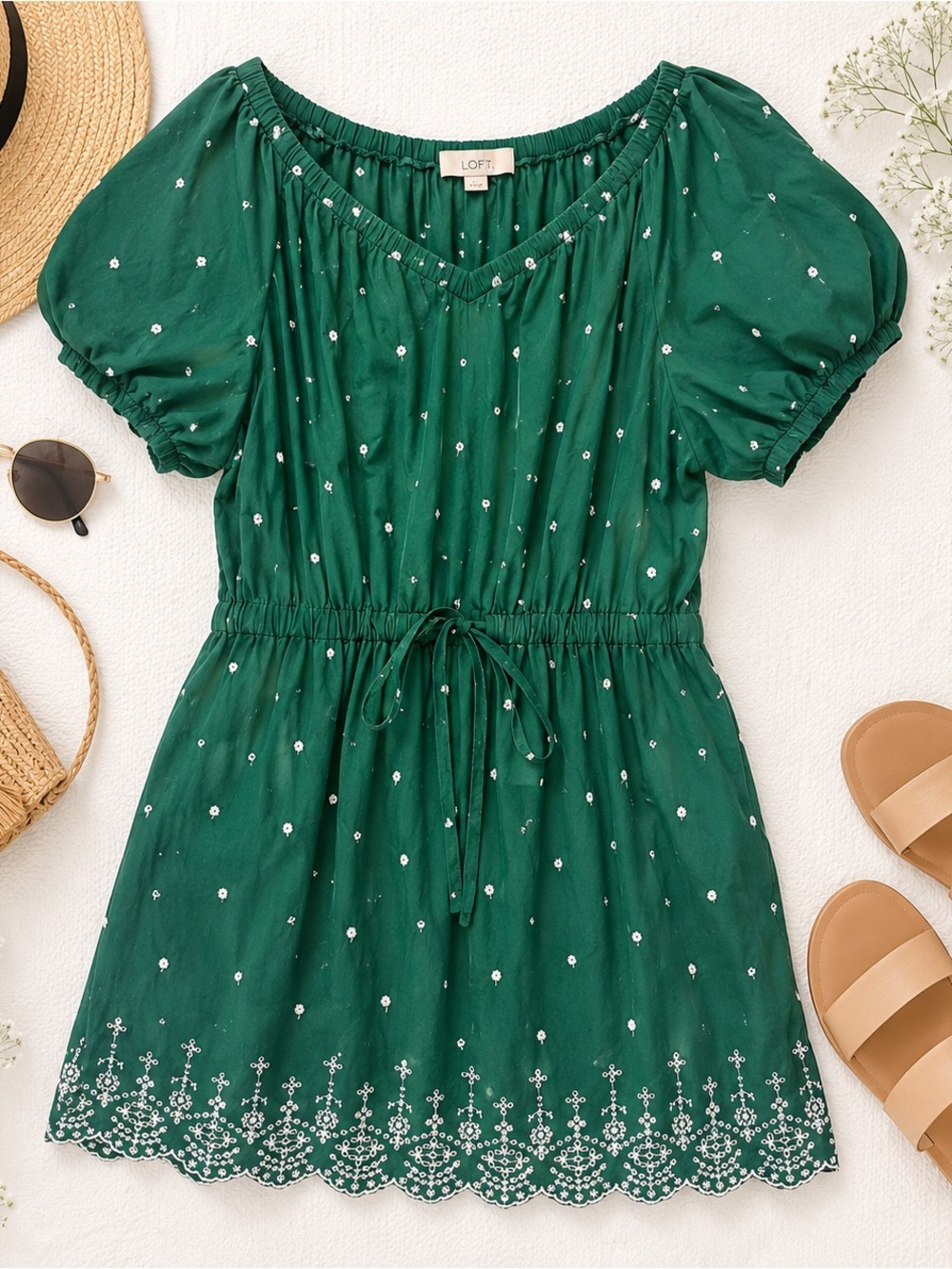 LOFT Emerald Green Drawstring Embroidered Puff Sleeve Dress